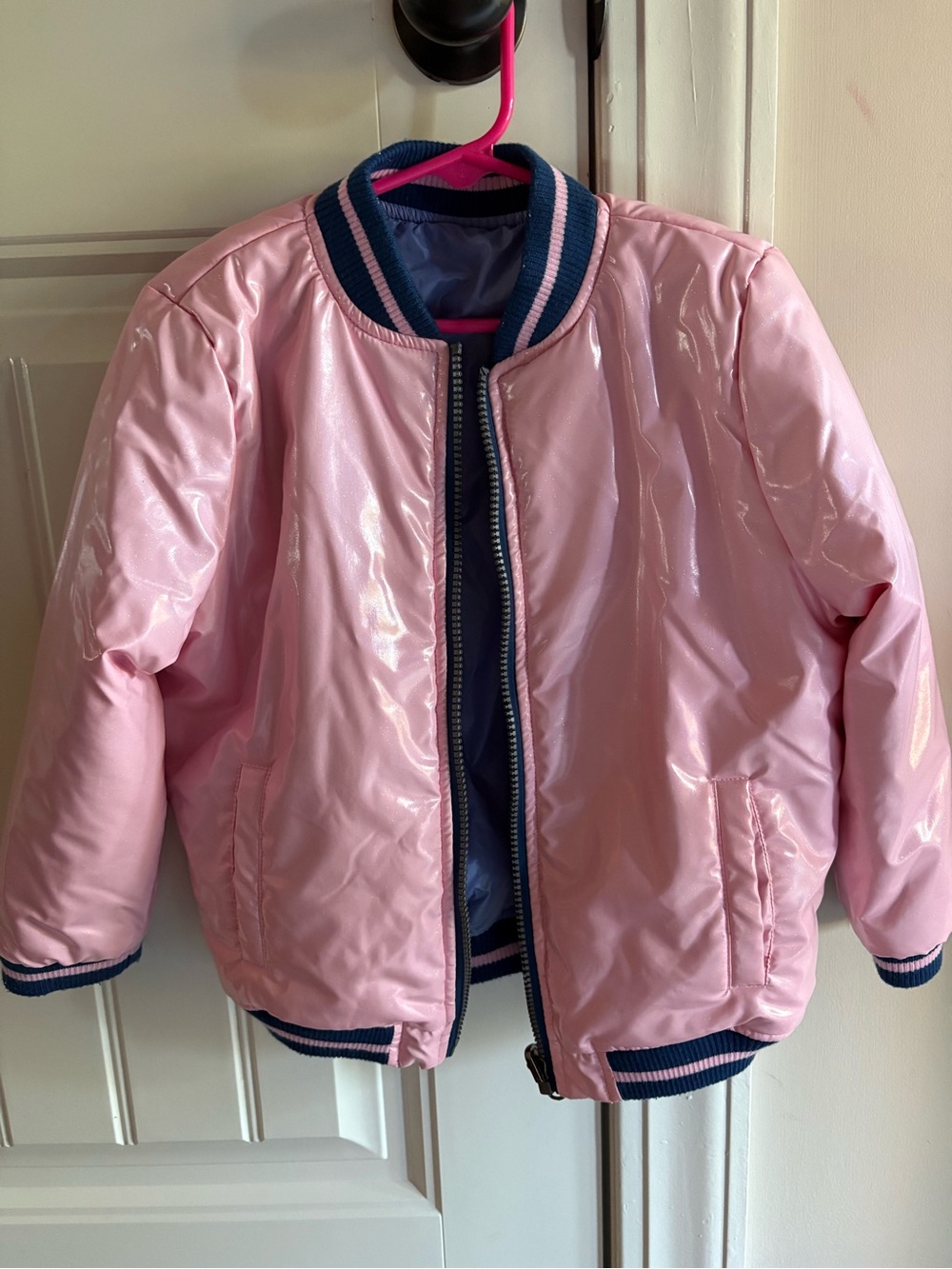 Girls Pink Shiny Bomber Jacket with Navy Trim